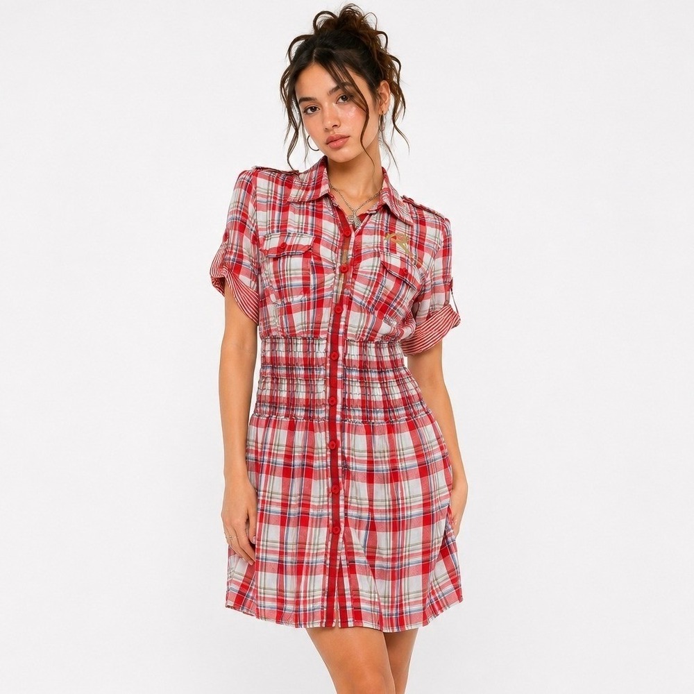 Y2K Rocawear Shirt Dress L Red Plaid Hip Hop Americana Streetwear Indie Utility